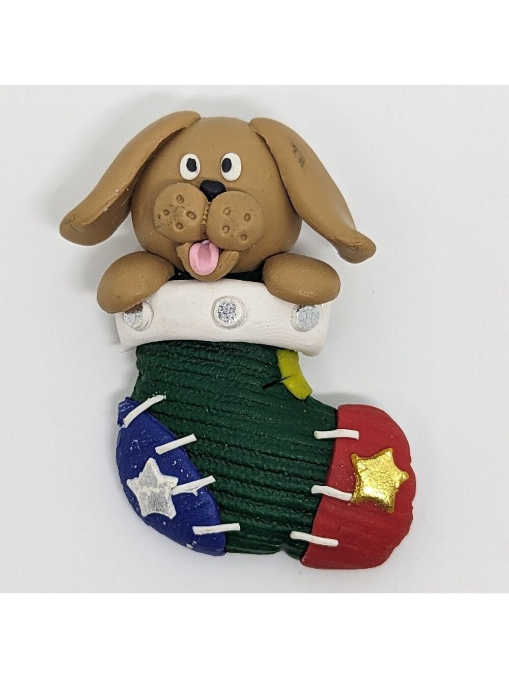 Vtg Dog In Christmas Stocking Brooch Pin Handmade Polymer Clay Holiday Jewelry
